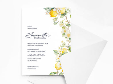 Personalised Lemon Floral Birthday Party Invitations with Envelopes