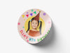 Personalised Round Birthday Photo Sticker Labels, party label, surprise party, custom birthday sticker