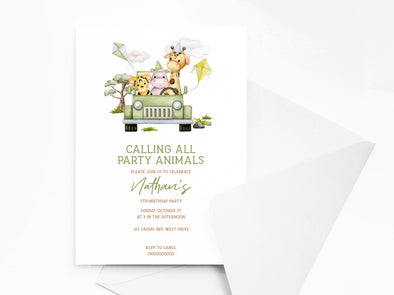 Personalised Animal Jungle Safari Kids Birthday Party Invitations with Envelopes