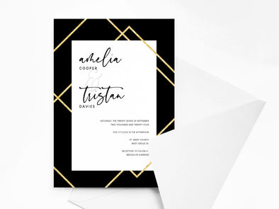 Personalised Black and Gold Geometric Wedding Invitations with Envelopes