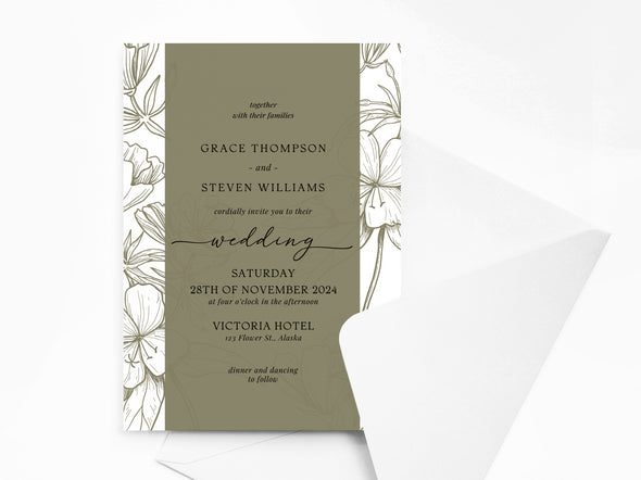Personalised Sage Floral Wedding Invitations with Envelopes