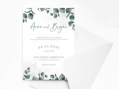 Personalised Sage Leaves Wedding Invitations with Envelopes