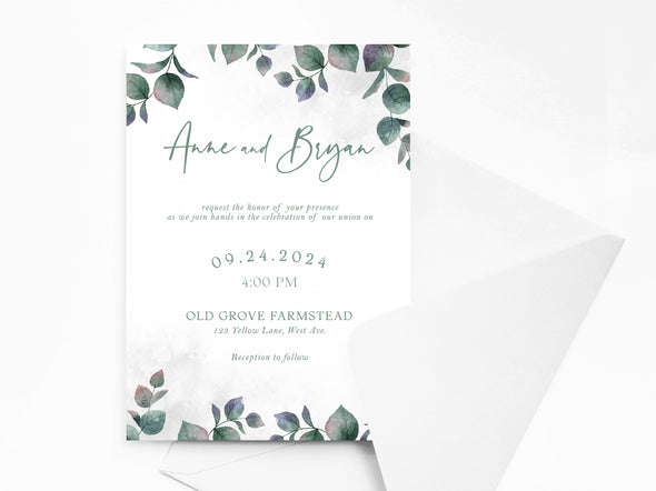 Personalised Sage Leaves Wedding Invitations with Envelopes