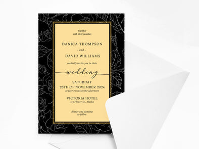 Personalised Floral Black and Gold Wedding Invitations with Envelopes