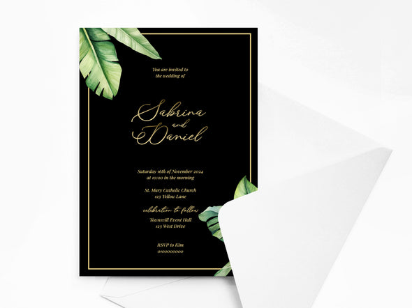 Personalised Minimalist Black and Green Leaves Wedding Invitations with Envelopes