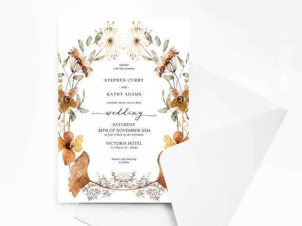 Personalised Rustic Floral Wedding Invitations with Envelopes