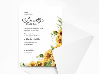 Personalised Sunflower Birthday Party Invitations with Envelopes