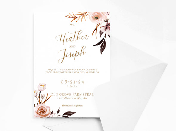 Personalised Rustic Floral Wedding Invitations with Envelopes