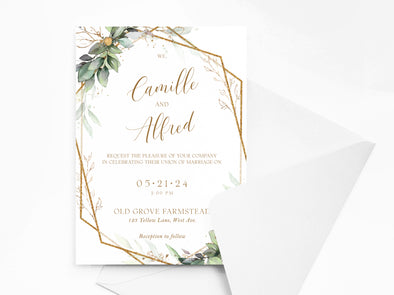 Personalised Sage Leaves and Gold Wedding Invitations with Envelopes