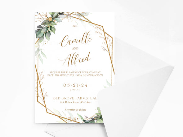 Personalised Sage Leaves and Gold Wedding Invitations with Envelopes