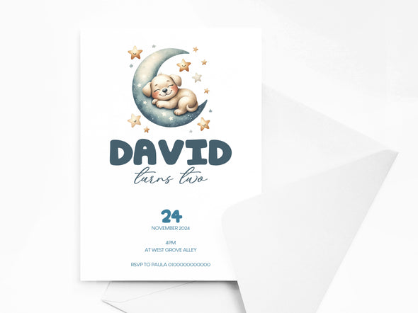 Personalised Puppy and Moon Birthday Party Invitations with Envelopes