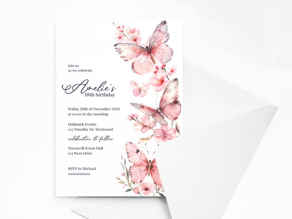 Personalised Butterfly Birthday Party Invitations with Envelopes
