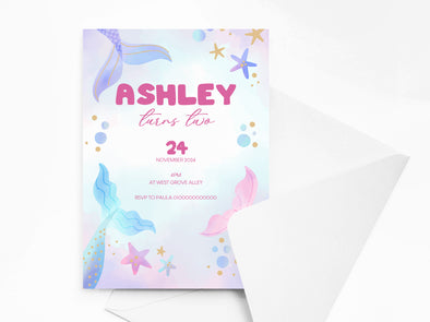 Personalised Mermaid Kids Birthday Party Invitations with Envelopes