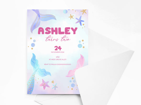 Personalised Mermaid Kids Birthday Party Invitations with Envelopes
