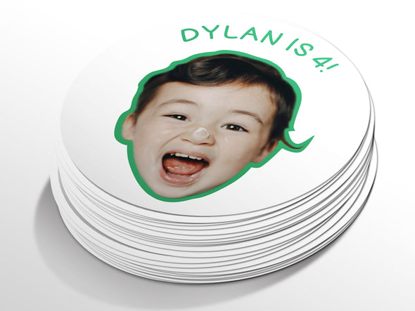 Personalised Round Birthday Photo Sticker Labels, party label, surprise party, custom birthday sticker