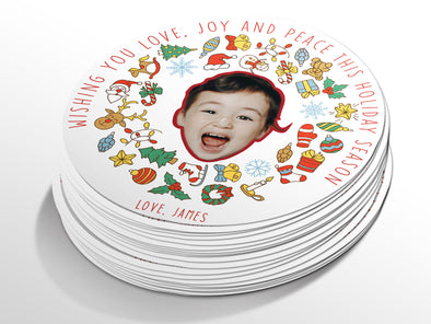 Personalised Round Christmas Photo Sticker Labels, party label, surprise party, holiday sticker