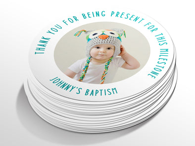 Personalised Round Baptism Photo Sticker Labels, Christening sticker, custom sticker