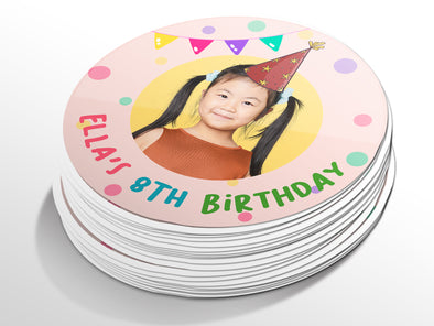 Personalised Round Birthday Photo Sticker Labels, party label, surprise party, custom birthday sticker