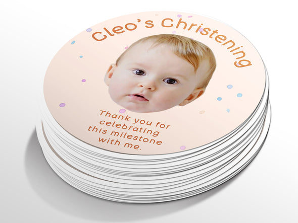 Personalised Round Baptism Photo Sticker Labels, Christening sticker, custom sticker
