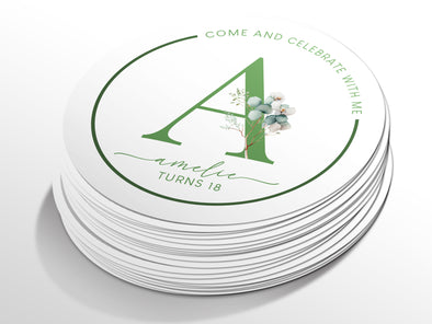 Personalised Round Birthday Sticker Labels, party label, surprise party, birthday label