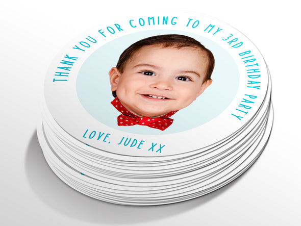 Personalised Round Birthday Photo Sticker Labels, party label, surprise party, custom birthday sticker