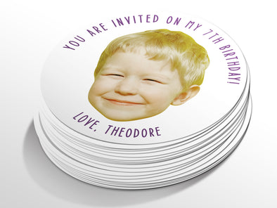 Personalised Round Birthday Photo Sticker Labels, party label, surprise party, custom birthday sticker