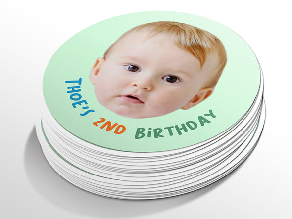 Personalised Round Birthday Photo Sticker Labels, party label, surprise party, custom birthday sticker