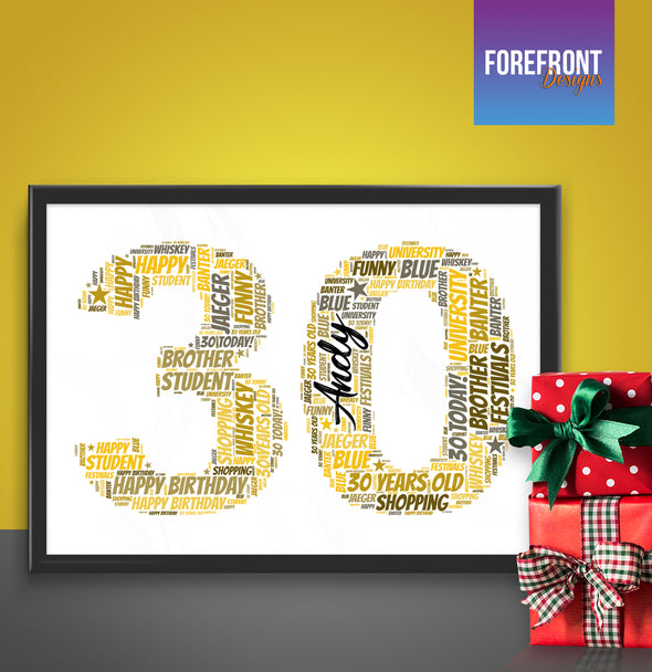 Personalised 30th birthday word art print - Forefrontdesigns