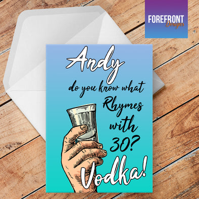 'What rhymes with Vodka' Personalised Greeting card - Forefrontdesigns