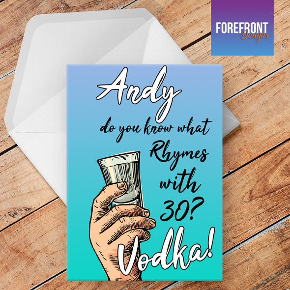 'What rhymes with Vodka' Personalised Greeting card - Forefrontdesigns