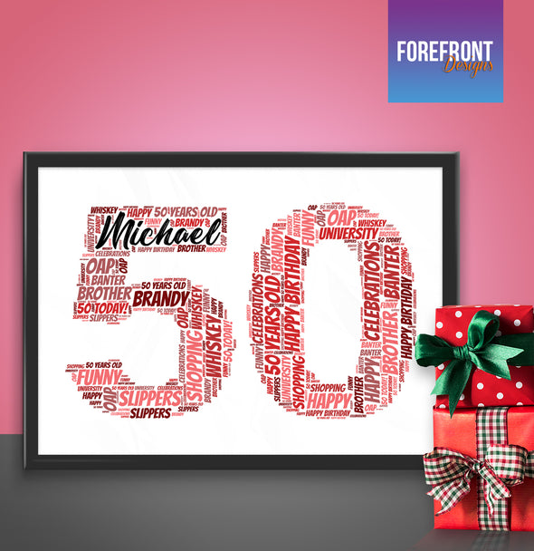 Personalised 50th birthday word art print - Forefrontdesigns