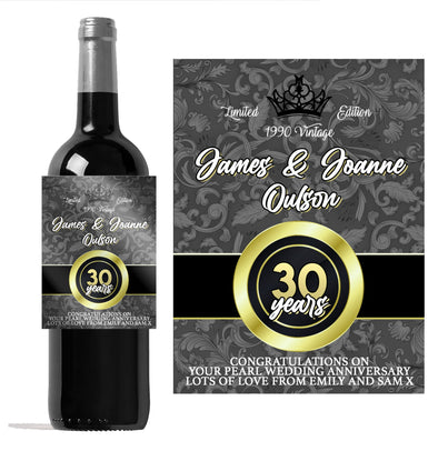 Personalised 30th Pearl Wedding Anniversary wine bottle label
