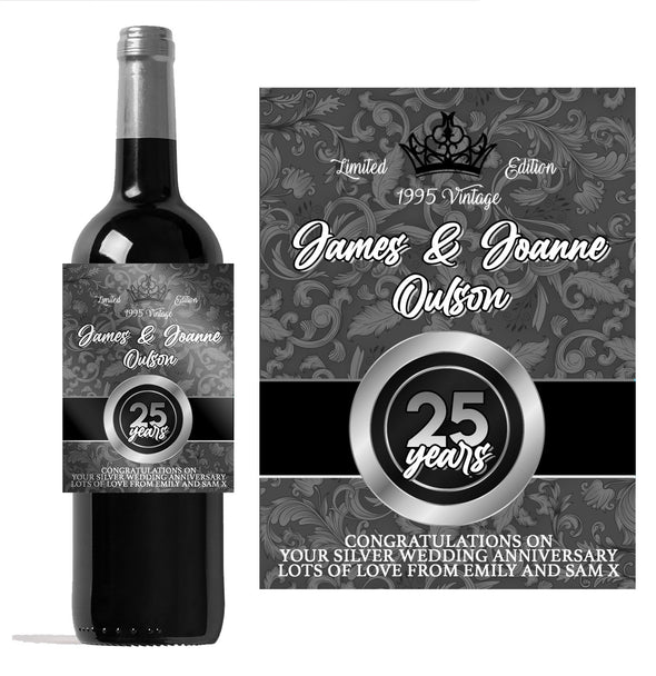 Personalised 25th Silver Wedding Anniversary wine bottle label