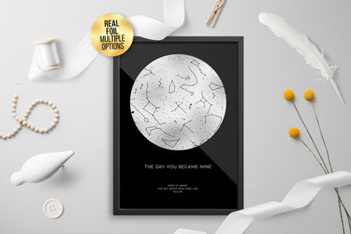 Personalised Custom FOIL STAR MAP, constellation night sky map