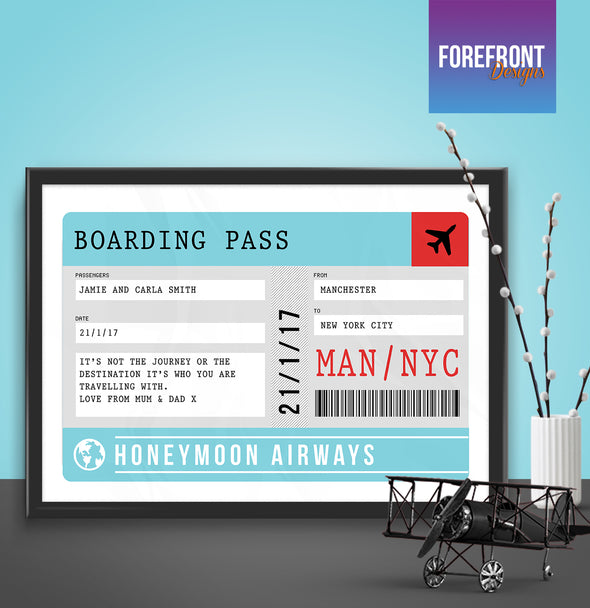 Personalised flight ticket/boarding pass honeymoon print - Forefrontdesigns