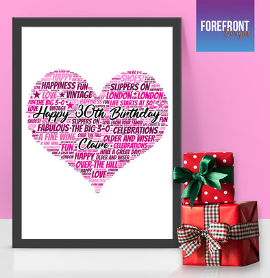 Personalised heart 30th word art print - Forefrontdesigns
