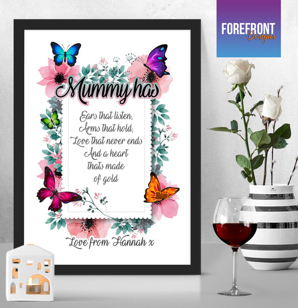 Personalised 'Mummy Ha' Poem butterfly print - Ideal Mother's day gift/mum present - Forefrontdesigns