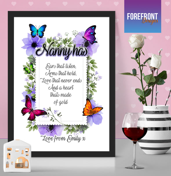 Personalised 'Nanny' Poem butterfly print - Ideal Mother's day gift/mum present - Forefrontdesigns