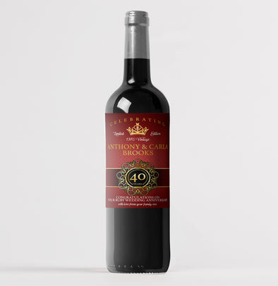 Personalised 40th Ruby wedding anniversary wine bottle label - Forefrontdesigns