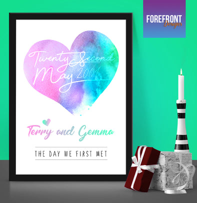 Personalised Watercolour heart valentines anniversary/wedding print - Forefrontdesigns