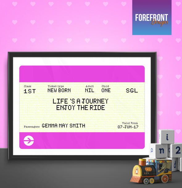 Personalised train ticket just new born girl print - Forefrontdesigns