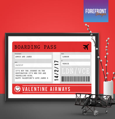 Personalised flight ticket/boarding pass valentines print - Forefrontdesigns