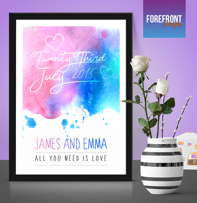 Personalised Watercolour valentines anniversary/wedding print - Forefrontdesigns